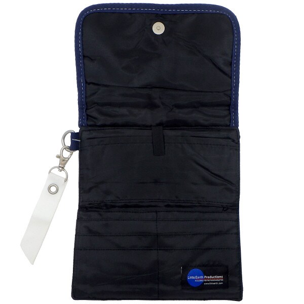 opened polyester wallet organizer with magnetic flap closure, credit card slots, smart phone pocket, and cash pocket